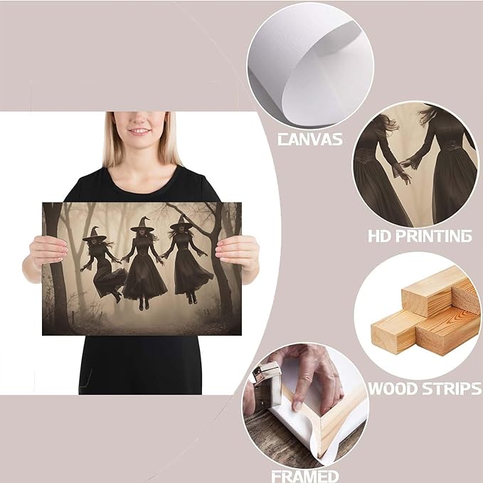 Three ghost witches flying in vintage forest gothic wall art witchcraft decoration holiday gift canvas wall art print16x24in Wood Framed