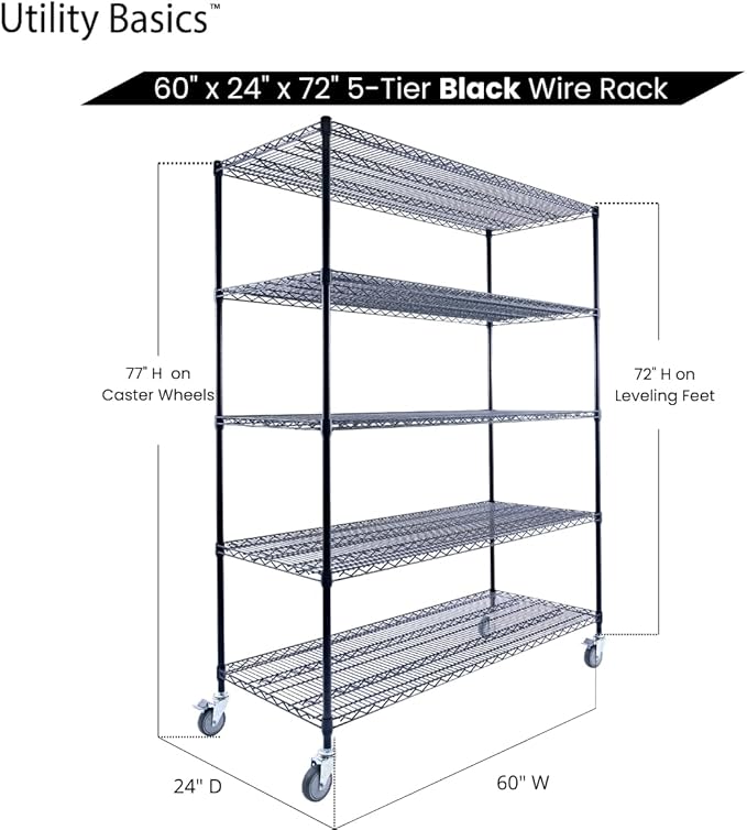 60"x24"x72" Black 5-Tier Premium Metal Wire Shelving NSF 4000 LBS MAX Capacity Heavy Duty Steel Storage Rack for Warehouse, Garage, Hospital, Commercial Space & School w/Premium Wheels