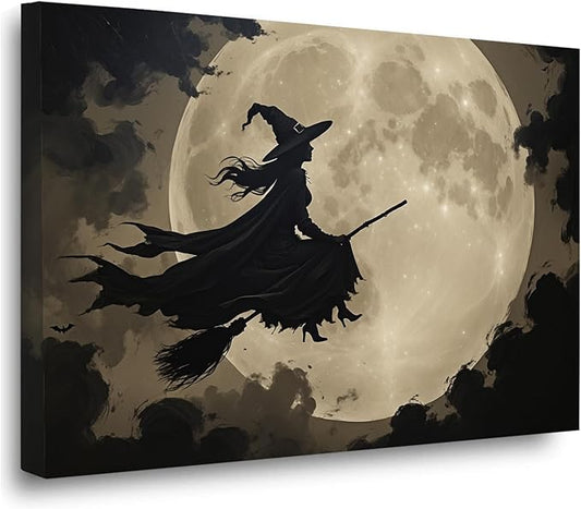 Full moon witch silhouette poster witch on magic broom Halloween mural poster decorative mural art suitable for home living room bedroom8x12in Wood Framed