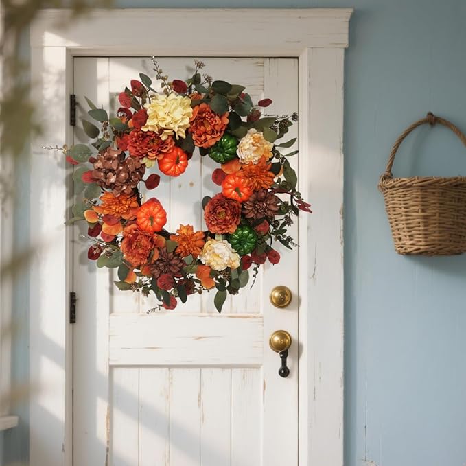 Fall Wreaths for Front Door 24 Inch with Realistic Pumpkin Hydrangea Peony Dahlia Flower, Thanksgiving Harvest Autumn Wreath for Indoor Outdoor Decor, Rustic Farmhouse Seasonal Decoration