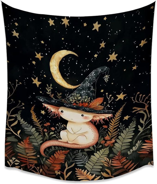 Whimsical Witch Tapestry Wall Hanging Decor Cute Axolotl Tapestry Magical Moon Animal Nursery Decoration Halloween Tapestries wall art for Home Kids Bedroom Living Room 60x80inch