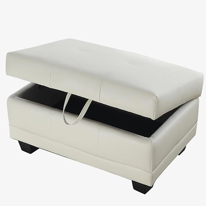 Ottoman Rectangular Storage Ottoman Bench, Faux Leather Footrest, Coffee Table, Stool Footstool with Hinged Lid for Living Room, Bedroom, Entryway, White, 33"x21"x17.5"