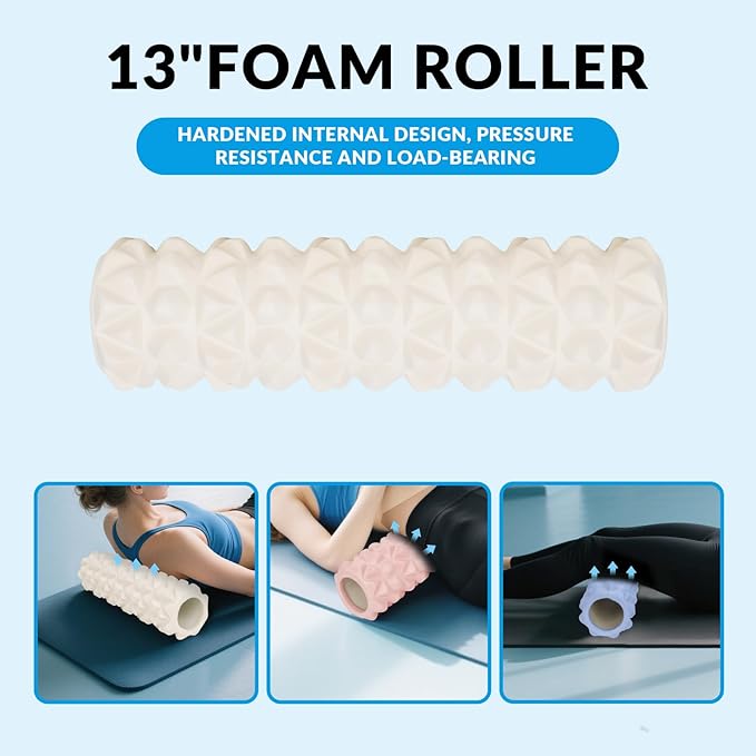 7 in 1 Foam Roller,Products Include Foam shafts,Muscle Roller Bars,Leg Massagers,Fascia Balls,Stretch Bands,8-Shaped Resistance Bands,are Used for Full-Body Relax,Yoga(White Pink Blue) (White)