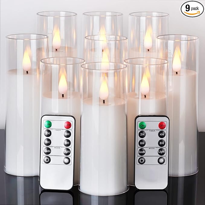 Amagic Pure White Flameless Candles, Battery Operated Candles, Acrylic Flickering LED Pillar Candles with Remote Control and Timer, 3D Wick, Yellow and Blue Glow, D2.2 xH5 6" 7", Set of 9