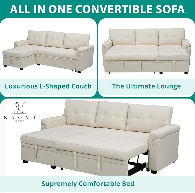 Naomi Home L-Shaped Reversible Sectional Sofa with Pull-Out Sleeper Bed and Storage Chaise, Cream Velvet