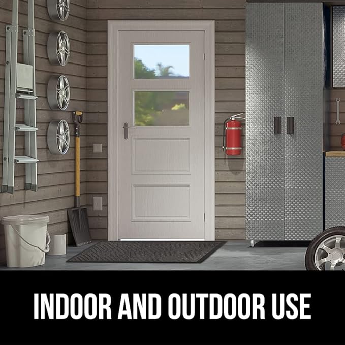 GORILLA GRIP 100% Waterproof All-Season WeatherMax Doormat US Designed Natural Rubber, Stain and Fade Resistant, Low Profile Indoor Outdoor Door Mats, Easy Clean Patio Mat, 17x29, Gray Diamond