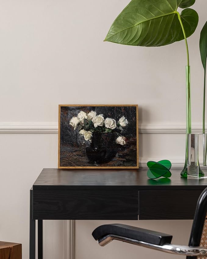 VIYYIEA Framed Canvas Wall Art Home Decor Vintage Botanical Prints White Roses in Vase Rustic Farmhouse Flower Wall Decor Mid Century Pictures Decor Art Prints Floral Room Decor for Living Room 9x11in