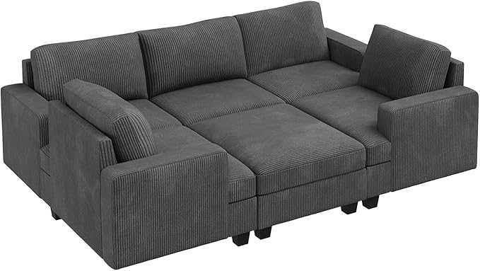 Nolany Modular Sectional Couch with Storage Ottoman, Corduroy Sleeper Sectional Sofa with Chaise, Sectional Couches for Living Room, Dark Grey