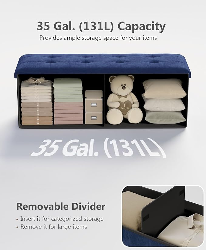 Storage Ottoman Bench, Folding Ottoman Foot Rest, End of Bed Bench,Storage Chest, for Living Room, Bedroom, Hallway, Entryway, Holds up to 700 lb (Navy BLUE1, 43")