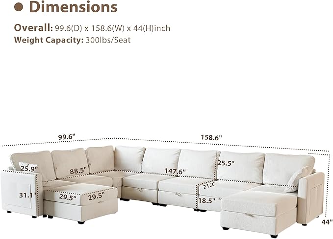 mestyl Modular Sectional Sofa Convertible Sofa Couch Set with Storage for Living Room, Modern 7 Seater Modular Sectional Couch with 2 Movable Ottoman (Beige)