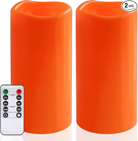 NURADA 8" x 4" Large Outdoor Flameless Candles - Waterproof LED Pillar Flickering Candle Battery Operated with Timer Remote for Patio Porch Lanterns Halloween Thanksgiving Fall Decor - 2 Pack Orange