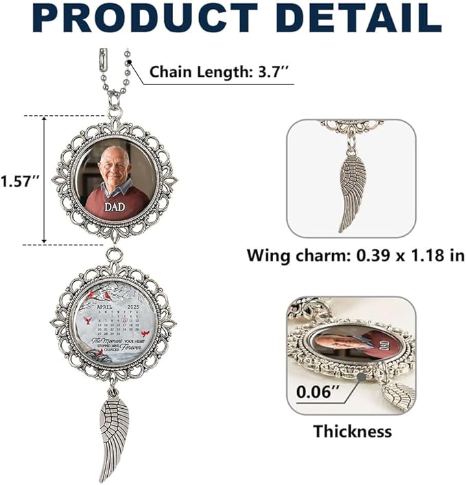 Memorial Car Rear View Ornament with Custom Photo - Moment Your Heart Stopped Wing Charm Hanginh Ornament Car Mirror Remembrance Sympathy Gift for Loss of Loved Ones Grieving Keepsake