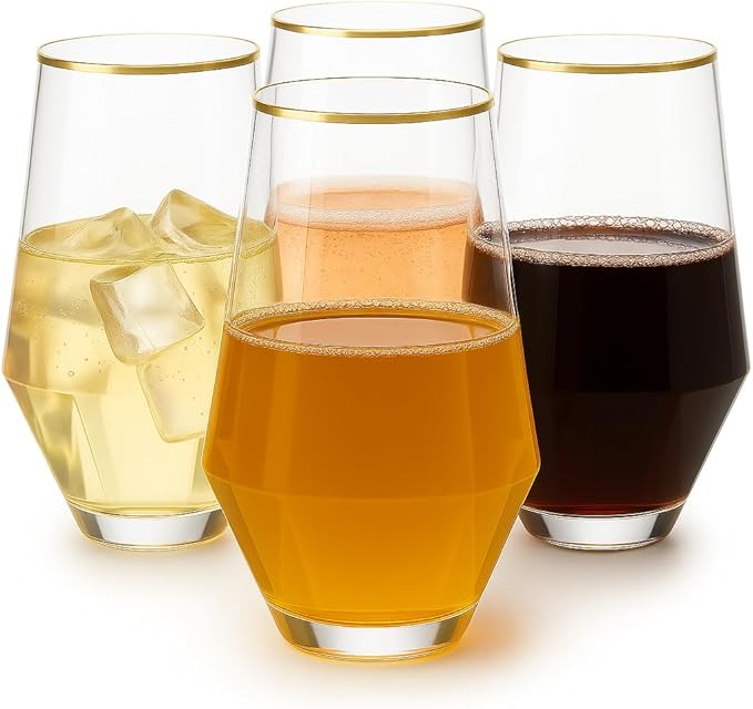 48 Pack Diamond Unbreakable Stemless Plastic Wine Stemless Toasting coacktail Glasses, Durable 9 Oz BPA-Free Disposable Champagne Flutes for Weddings, Bars, Events, and Celebrations (Diamond Gold Rim)