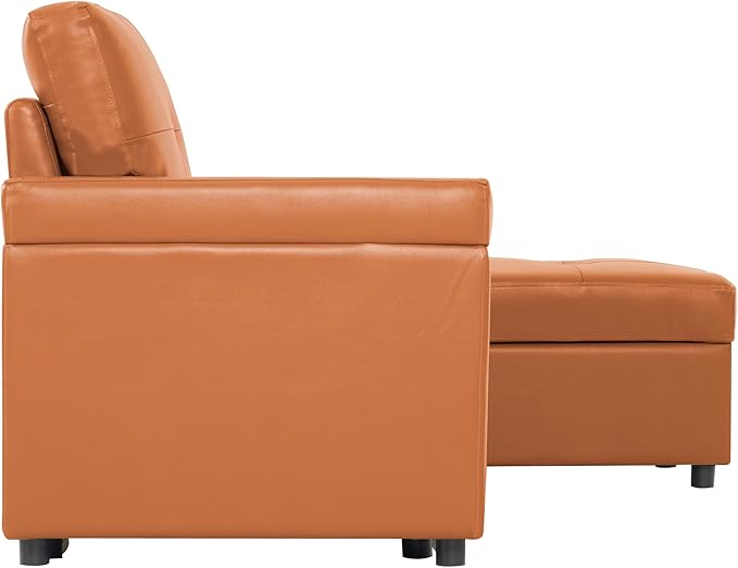 Naomi Home L-Shaped Reversible Sectional Sofa with Pull-Out Sleeper Bed and Storage Chaise, Caramel Air Leather