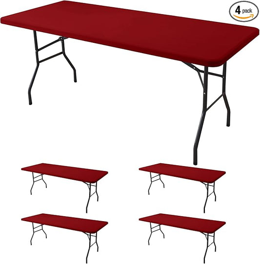 Fitted Tablecloth for 8 Foot Rectangle Tables-4 Pack Red Elastic Outdoor Picnic Table Cover-Spandex Stretch Folding Table Cloths 8ft for Camping Dining Room Patio Kitchen Banquet Party