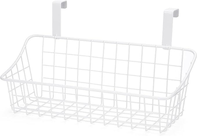 LeleCAT White Basket with hook Grid Storage Basket, Hang it behind a door or on a railing,Over the Cabinet Door,1 Pack
