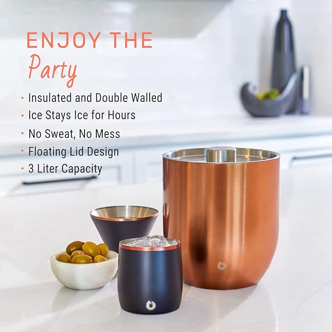 SNOWFOX Premium Vacuum Insulated Stainless Steel Ice Bucket with Lid/Tongs, Non-Rubber Bottom, Home Bar Accessories, Bartending Ice Buckets for Parties, Outdoor Entertaining Supplies, 3L, Marble