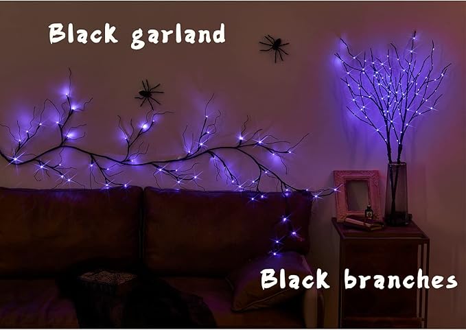 Fudios Halloween Lighted Branches with Timer 100 LED Purple Fairy Lights 32IN, Artificial Black Branch Lights for Halloween Battery Operated Home Decor Indoor Outdoor Use
