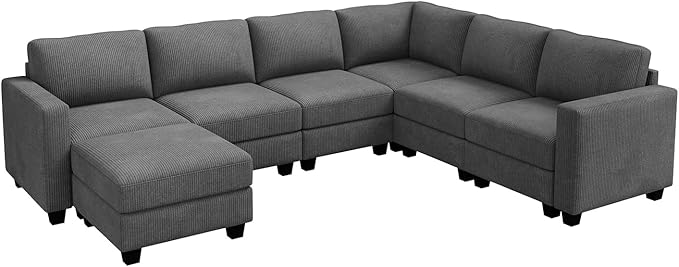 HONBAY Corduroy Sectional Sofa with Storage, U Shape Modular Sectional Sofa with Chaise, Modular Couches for Living Room, Dark Gray