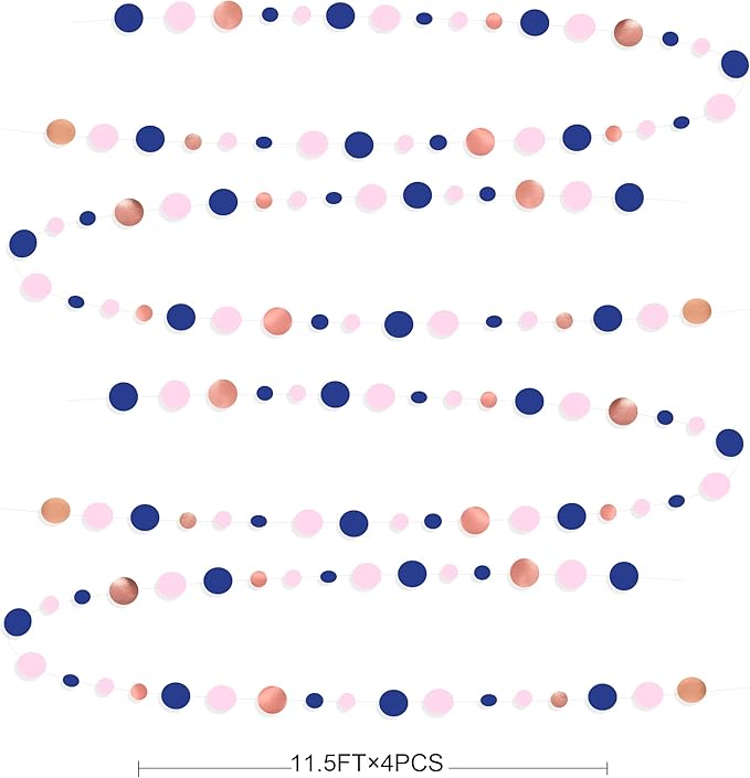 46Ft Navy Blue Blush Circle Dot Garland Royal Blue Pink Rose Gold Hanging Paper Polka Dot Streamer for Gender Reveal Baby Shower Birthday Engagement Wedding Bridal Shower Anniversary Party Decorations