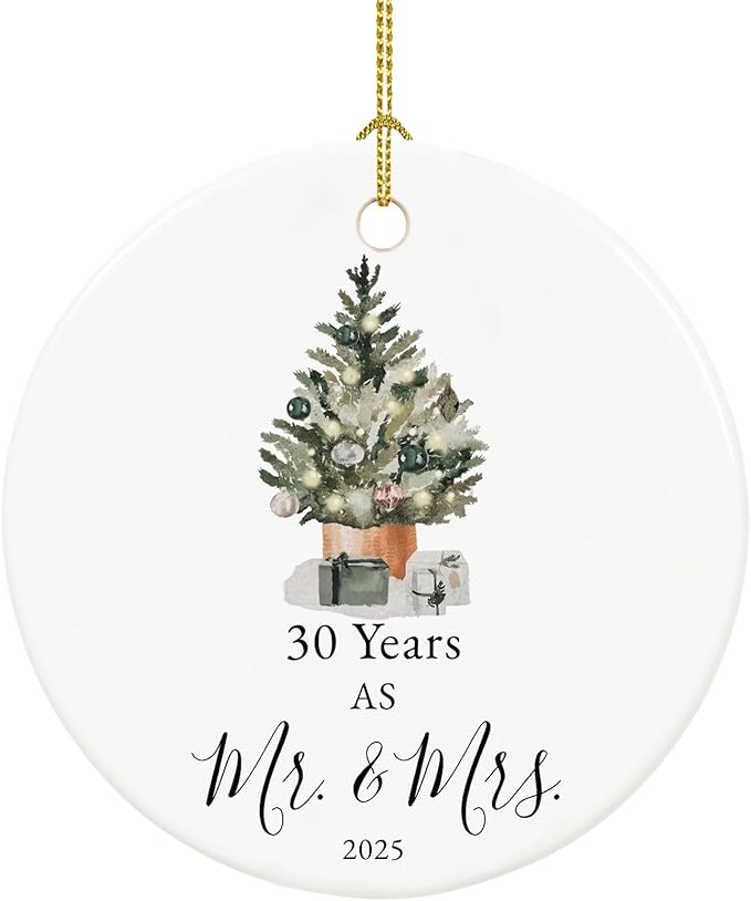 30th Anniversary Ornament Gifts for Couple,Parents, 30th Wedding Anniversary for 30 Year as Mr and Mrs Gifts, Ceramic Keepsake 30 Year Anniversary Christmas Ornaments with Ribbon and Box