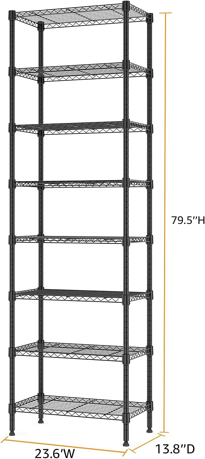 8 Tier 2000 lbs Storage Rack Metal Wire Shelving Unit, Storage Standing Shelf Organizer for Laundry Bathroom Kitchen Pantry Closet Garage Basement Utility Room, Black 13.8" D x 23.6" W x 79.5" H