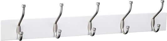 Amazon Basics Rectangular Farmhouse Wall-Mounted Coat Rack with Storage Hooks, 5 Hooks, White