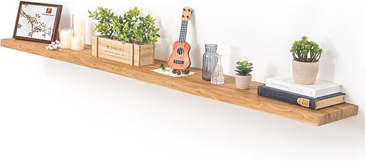 Fun Memories Floating Shelves for Wall, 72"x9.3" Rustic Solid Elm Wood Shelves, Heavy-Duty Wall Mounted Shelves with Invisible Brackets for Living Room, Bedroom, Kitchen, Natural Finish