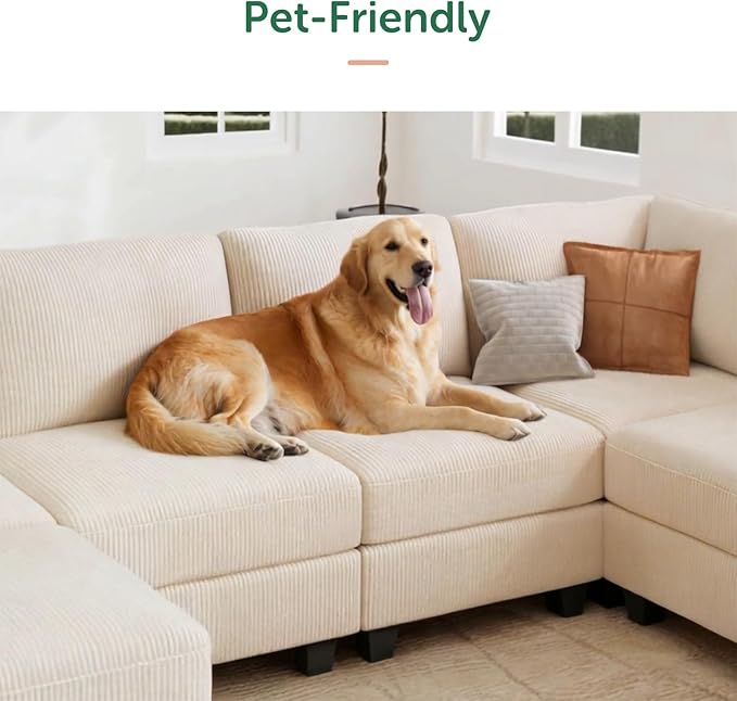 HONBAY Corduroy Sectional Sofa with Storage, U Shape Modular Sectional Sofa with Chaise, Modular Couches for Living Room, Beige