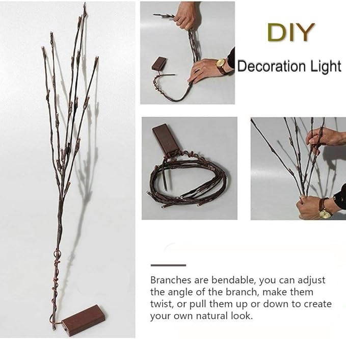 DK177 2 Pack Led Branch Light Battery Operated Lighted Branch Vase Filler Willow Tree Artificial Little Twig Power Sliver 30 Inch 20 LED for Home Romantic Decoration (Sliver-Color)