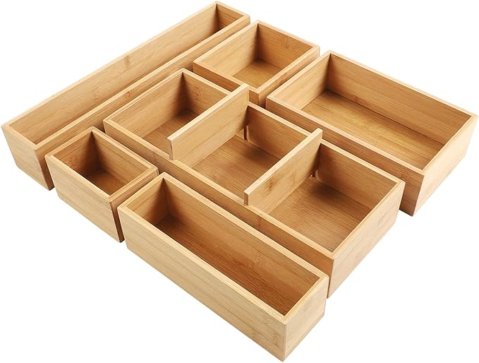 Kootek Bamboo Drawer Organizer with Removable Dividers, 6 Pcs Adjustable Kitchen Drawer Organizer Utensils Bamboo Organizers Silverware Storage Box Cutlery Tray Multi-Use for Bathroom, Makeup, Office