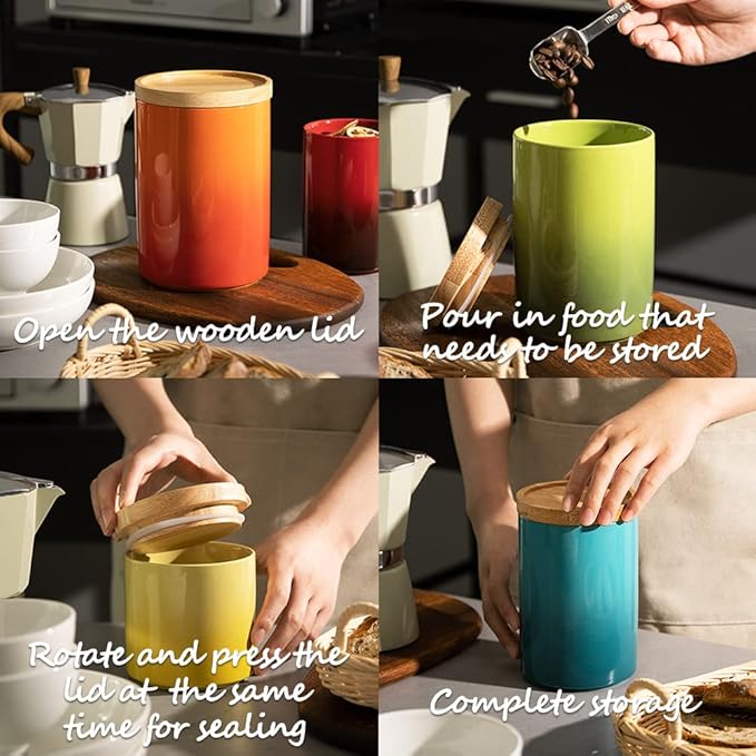 Sweejar Ceramic Food Storage Jar, Stackable Kitchen Canisters, Containers with Airtight Seal Wooden Lid for Serving Ground Coffee, Tea, Sugar, Salt and More - 28 Fl Oz (Gradient Gray)