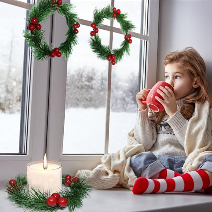 4pcs Christmas Candle Rings Wreaths Artificial Red Berries Greenery Pine Needles Garland Wreaths Candle Rings Holder for Wedding Table Centerpiece Home Dinner Table Decor