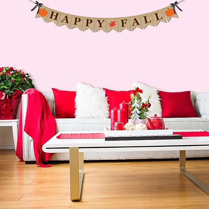 ERKOON Burlap Banner Happy Fall Sign Pumpkin Flag Rustic Natural Fall Harvest Banner for Autumn Home Party School Party Decoration