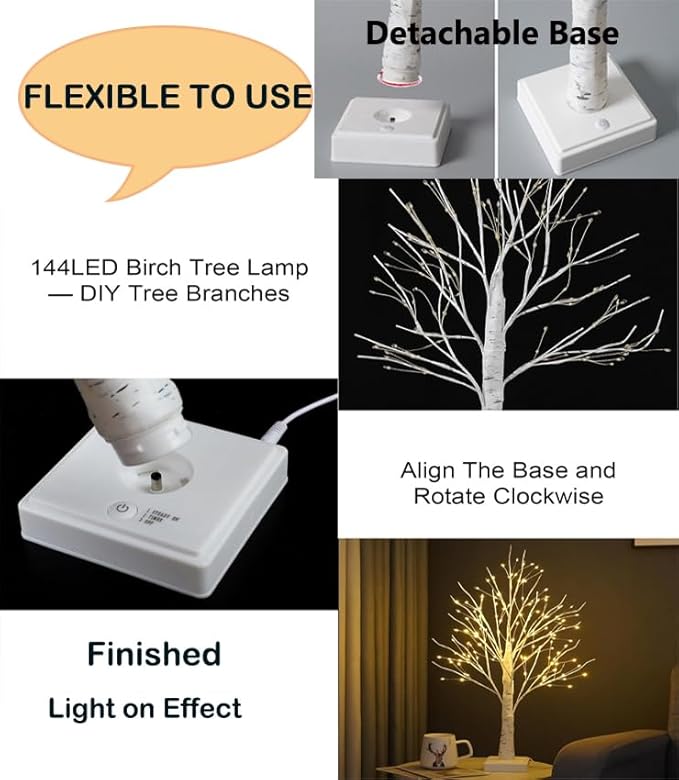 2FT Fairy Birch Tree with 144 LED Lights Artificial Tree Lamp with Timer for Easter Christmas Decoration Light Spirit Tree USB/Battery Powered Branch Trees for Party Wedding Home (144 LED Light)