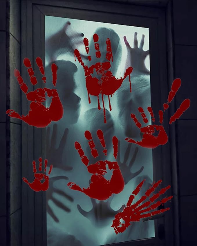 Halloween Bloody Handprint Footprint Window Stickers Wall Stickers for Halloween Party Decorations Inside Outside Decor Come with Plastic Scraper Tools 2pcs