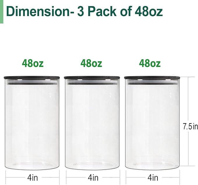 Urban Green Glass Jars with Black Lids, Glass food storage container sets with black lids, Airtight Canisters Sets with Bamboo Lids. Pantry Jar (3 Pack of 48oz)