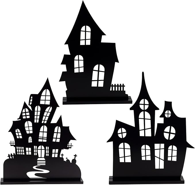AuldHome Design Spooky Halloween House Village Silhouettes (Set of 3); Scary Haunted House Wood Statue Figurines Centerpiece Set