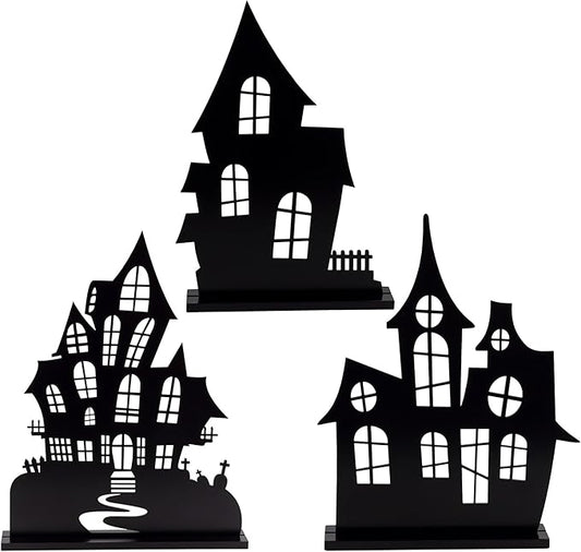 AuldHome Design Spooky Halloween House Village Silhouettes (Set of 3); Scary Haunted House Wood Statue Figurines Centerpiece Set