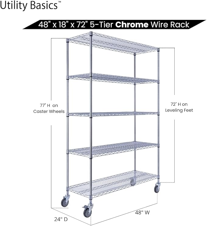 48"x18"x72" Chrome 5-Tier PREMIUM Wire Shelving NSF 4000 LBS MAX CAPACITY Heavy Duty Steel Storage Rack for Warehouses, Garages, Hospitals, Commercial Spaces, & Schools w/PREMIUM WHEELS