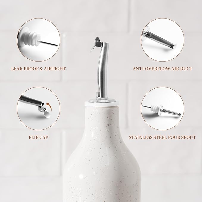 famiware Milkyway 16oz Ceramic Olive Oil Dispenser Bottle, 1 Piece Oil Dispenser for Kitchen with Stainless Steel Pourers, Suitable for Storage Vinegar, Soy Sauce, Coffee Syrup, Liquids, White