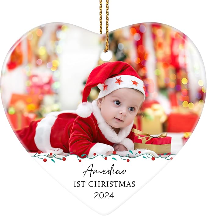Baby's First Christmas Ornament 2025, Personalized Photo Christmas Ornaments, Custom Name Keepsake Ornament for Newborn Baby, New Baby Gift, Ceramic Christmas Tree Ornament