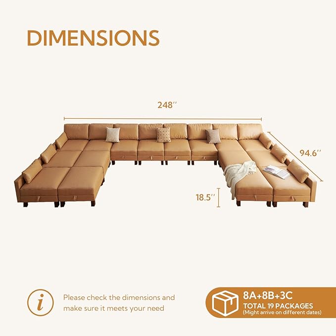 Large Modular Sofa Couch, 248'' Sectional Couch, Living Room Sets with Storage, 16 Seats Sets for House, Office,Villa, Tan