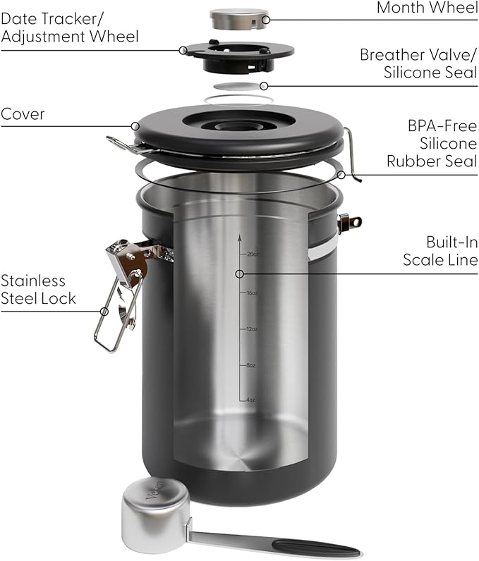 Veken Coffee Canister with Window, Airtight Stainless Steel Kitchen Food Storage Container with Date Tracker and Scoop for Grounds Coffee, Beans, Tea, Flour, Cereal, Sugar, 22&16OZ,Black