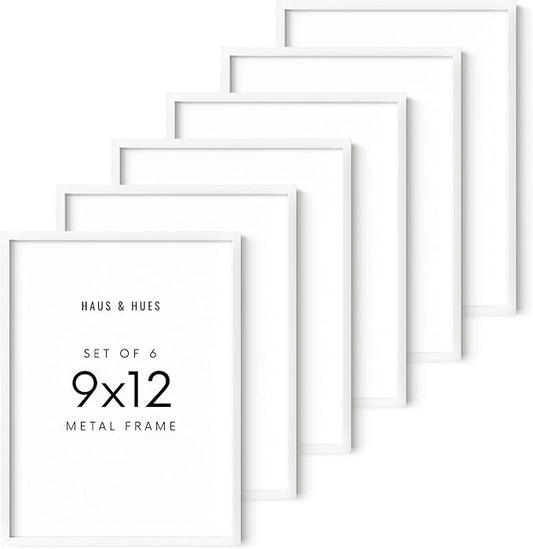 HAUS AND HUES 9x12 White Metal Picture Frames - Features Premium Aluminum, Vertical & Horizontal Hang, Shatterproof Plexiglass - Perfect for Home, Room, Office (9x12 in, White, Set of 6)