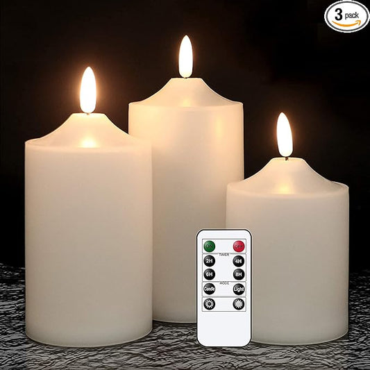 GenSwin Waterproof Flameless Flickering LED Candles with Remote & Timer,Battery Operated Pillar 3D Wick Candles for Indoor Outdoor Lanterns, Won’t melt, Long-Lasting(White, Set of 3)