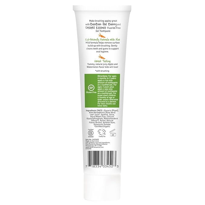 Desert Essence, Green Apple Watermelon Toothpaste Kids Gel, 4.7 oz. - Safe to Swallow, Fluoride Free, SLS Free, Gluten-Free, Vegan, Plant Powered Formula, Great Tasting, Removes Plaque and Buildup
