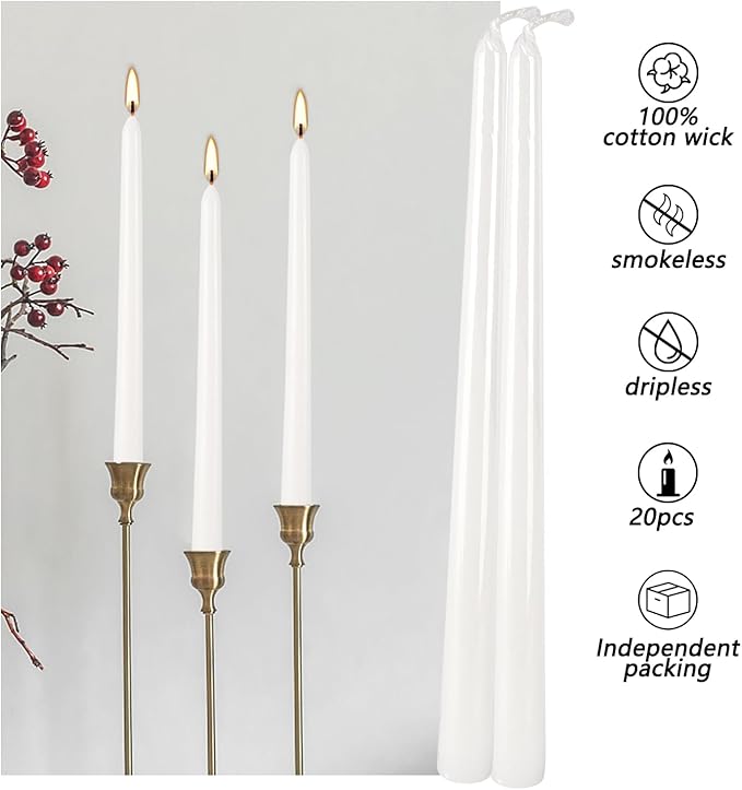 20 Pack White Taper Candles 12 Inch Tall 3/4 Inch Thick Burn 10 Hours