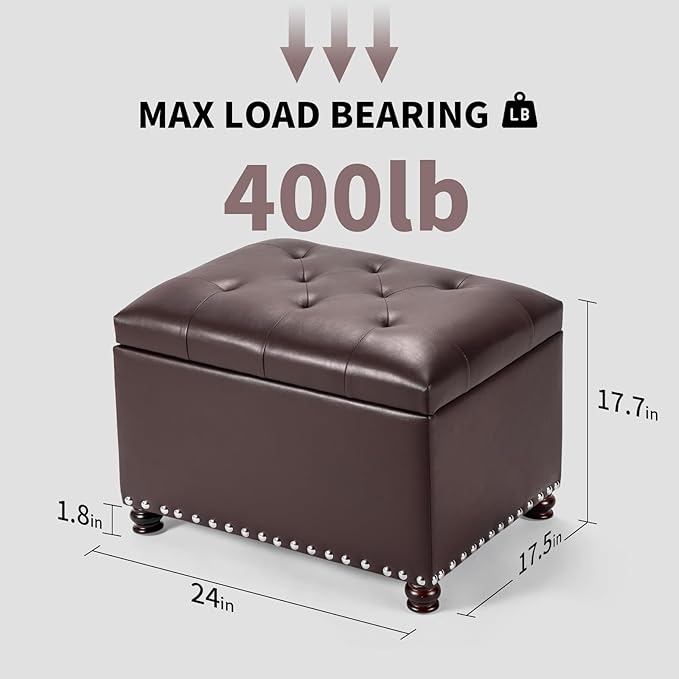 Joveco Leather Storage Ottoman Bench Rectangle 24 Inch Foot Rest Ottomans Stool for Living Room Bedroom(Brown)