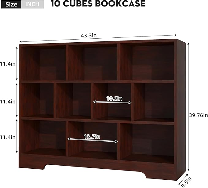 Book Shelf, 10 Cubes Storage Organizer, 3-Tier Open Shelf Wooden Bookcase, Freestanding Cherry Bookshelf Cube Shelf for Living Room